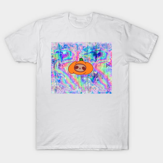 Pumpkin Face Sloth Rainbow Holographic T-Shirt by saradaboru